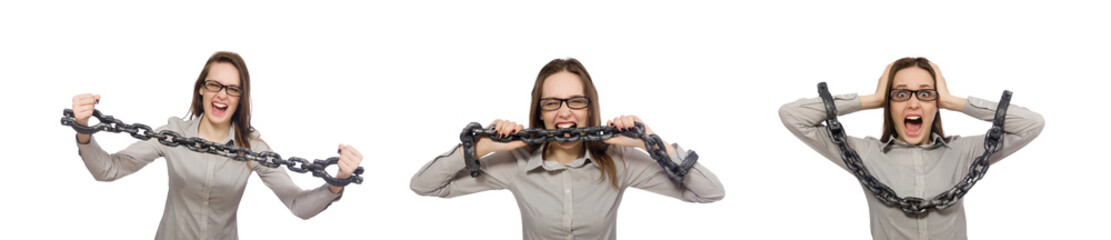 Young businesswoman in funny concept on white