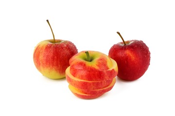 Red ripe apple with fresh sliced apple piece isolated on white