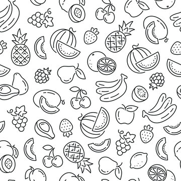 Seamless pattern with fruits. Black and white thin line icons