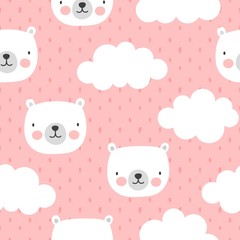 Cute Polar Bear with Clouds Seamless Pattern, Cartoon Background, Vector Illustration