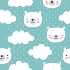 Cute Polar Bear with Clouds Seamless Pattern, Cartoon Background, Vector Illustration