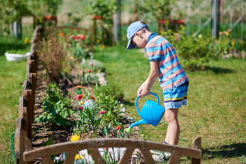 Cute European boy is watering flowers in the countryside croft. He is enjoying his job. © Artem