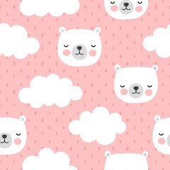 Cute Polar Bear with Clouds Seamless Pattern, Cartoon Background, Vector Illustration