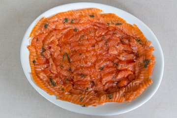 Isolated dish of gravlax salmon
