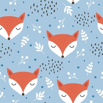 Cute fox seamless pattern, wolf hand drawn forest background with flowers and dots, vector illustration