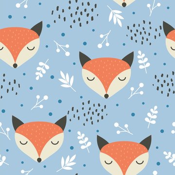 Cute fox seamless pattern, wolf hand drawn forest background with flowers and dots, vector illustration