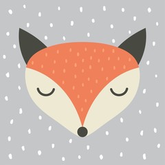 cute fox cartoon illustration, cartoon animal portrait with sleepy fox face