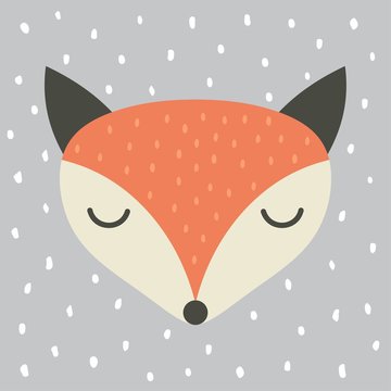 cute fox cartoon illustration, cartoon animal portrait with sleepy fox face
