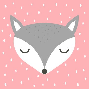 cute fox cartoon illustration, cartoon animal portrait with sleepy fox face