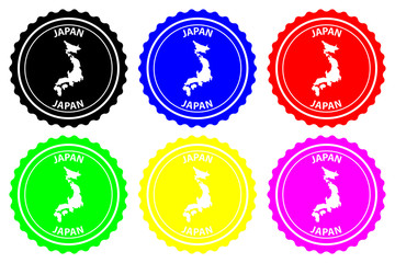 Japan - rubber stamp - vector, Japan map pattern - sticker - black, blue, green, yellow, purple and red