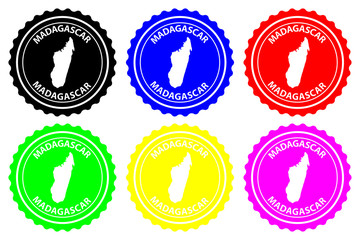 Madagascar - rubber stamp - vector, Madagascar map pattern - sticker - black, blue, green, yellow, purple and red