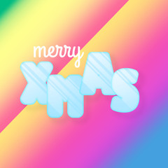 Merry Christmas greeting card of colorful holographic bauble ornament, modern neon foil color gradients. Holiday night illustration in futuristic glow style. Merry Xmas phrase
