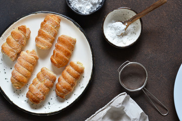 Ingredients for baking. Top view Puff pastry. Butter cream.