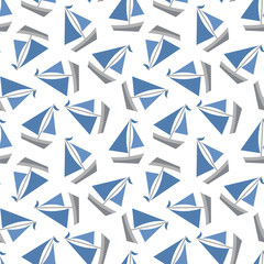 Nautical seamless patterns, yacht silhouette on wave, travel adventure vector illustration