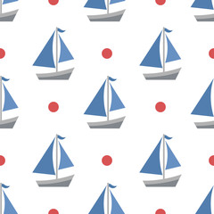 Nautical seamless patterns, yacht silhouette on wave, travel adventure vector illustration