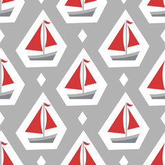 Nautical seamless patterns, yacht silhouette on wave, travel adventure vector illustration