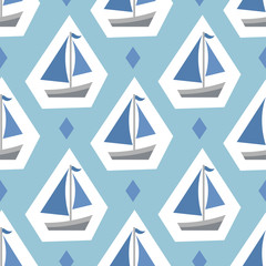 Nautical seamless patterns, yacht silhouette on wave, travel adventure vector illustration