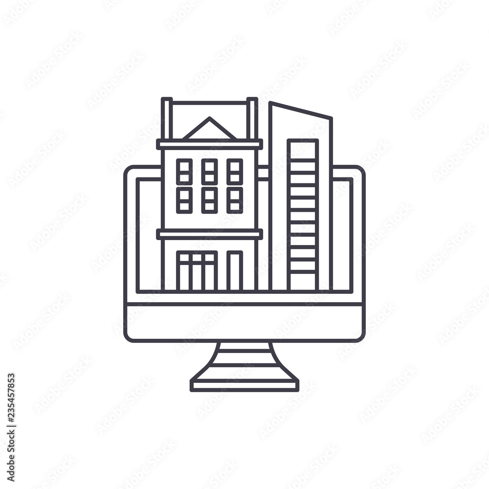 Poster online database of real estate line icon concept. online database of real estate vector linear illus