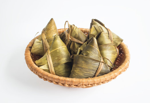 Vietnamese traditional food for may 5th, is double five festival or tet doan ngo, sticky rice cake in green leaf, also call banh u tro with pyramidal shape