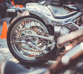 Fototapeta premium Fragment of a new motorcycle made in the workshop. Burap Biker Rally Pattaya