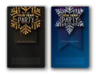 New Year party poster or invitation template with shiny snowflake.