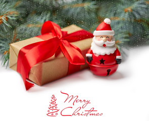 Christmas background with xmas tree and sparkle bokeh lights on wooden canvas background. Merry christmas card. Winter holiday theme. Happy New Year. Space for text. Happy Holidays