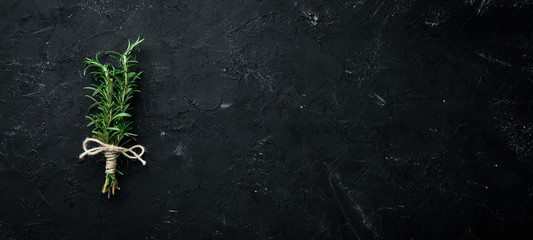 Fresh green rosemary. On a black stone background. Top view. Free copy space.