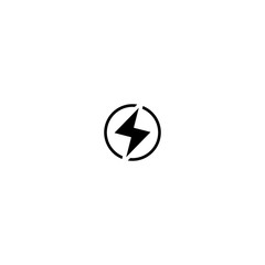 Black lightning bolt in circle simple flat icon. storm or thunder and lightning strike sign isolated on white.