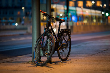 City street in Spain. Barcelona. Bicycle on the night street of Barcelona