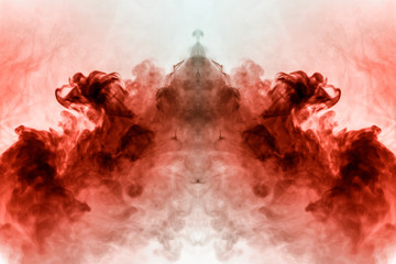 Abstract pattern of colored smoke backlit pink and red in the shape of a mystical-looking bird or a ghost-head  on a white isolated background. Soul and inner state of thoughts.