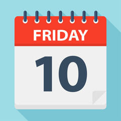 Friday 10 - Calendar Icon. Vector illustration of week day paper leaf.