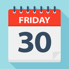 Friday 30 - Calendar Icon. Vector illustration of week day paper leaf.