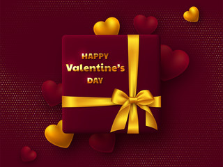 Naklejka premium Valentines day holiday design. Gift box with golden bow, 3d hearts and greeting text on vinous glitter dotted background. Vector illustration.