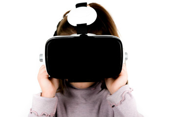 little girl with virtual reality glasses isolated on white background.Modern gadget