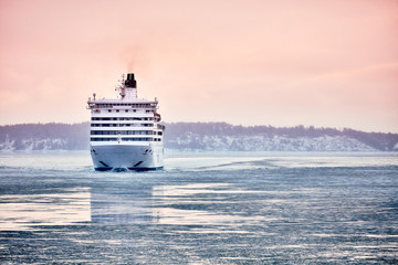 Ferry to Scandinavia. Cruise ship. Nature of the fjord and ice