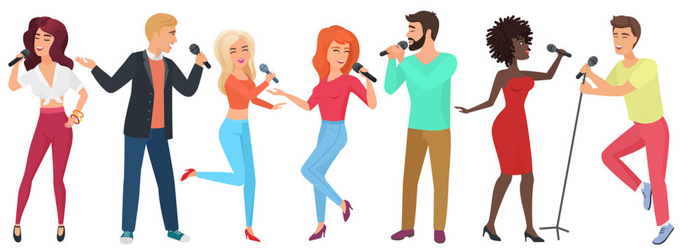 Young people stars with microphones singing and dancing. Girls and guys have fun in karaoke club vector illustration.