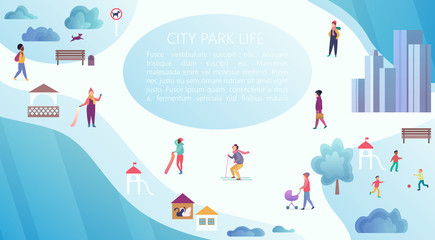 People walking, resting and playing in the winter park. Cartoon top view map vector illustration.