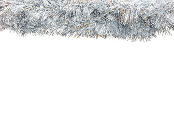 Frame made from silver tinsel decorations for christmas, isolated on white background with clipping...