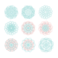 Guilloche. It can be used as a protective layer for the certificates, diplomas, banknotes. Set. On a white background.