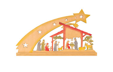 Christmas nativity scene, flat made of wood, isolated on a white background with a clipping path and copy space