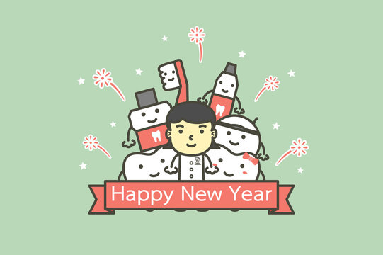 happy tooth and friends with female dentist with text for Happy New Year - teeth cartoon vector