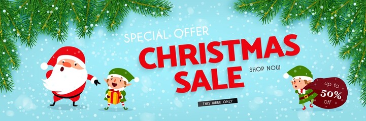 Christmas sale, banner with Santa Claus, elf, snow, christmas tree, Vector llustration