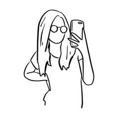 woman with glasses taking photo with mobile phone vector illustration sketch doodle hand drawn with black lines isolated on white background