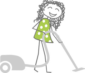 A woman cleans while vacuuming