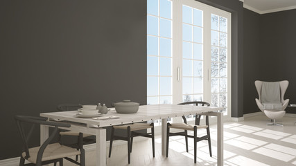 Classic kitchen with wooden, gray and beige details, dining table laid for two, chairs and herringbone parquet, panoramic window on winter trees landscape, minimalist interior design