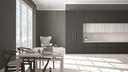 Classic kitchen with wooden, gray and beige details, dining table laid for two, chairs and herringbone parquet, panoramic window on winter trees landscape, minimalist interior design