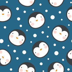 Obraz premium Słodki pingwin ze śniegiem kreskówka wzór, zima zwierzę tło, ilustracja wektorowa Bożego Narodzenia