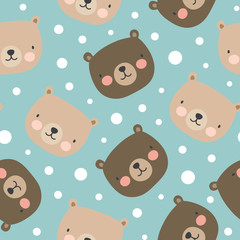 Cute Polar Bear Seamless Pattern, Cartoon Christmas Background, Vector Illustration