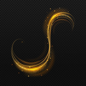 Golden Glitter Wave Or Gold Sparkling Light Spiral Shiny Trail On Black Background