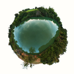 little planet spherical panorama 360 degree view of river isolated on white background. © fotobieshutterb